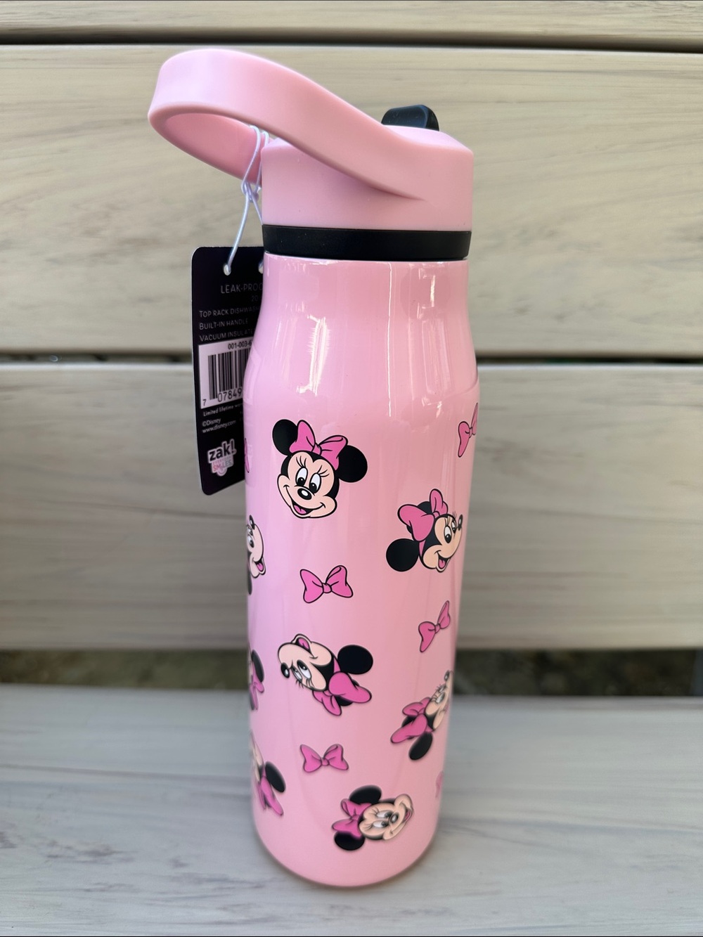 NWT Disney Zak! Minnie Mouse Pink Stainless Steel Water Bottle w/Carrying Handle